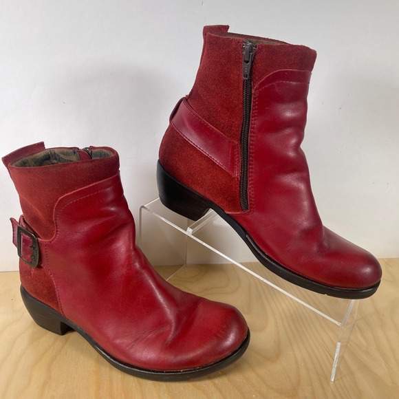 FLY London Red Leather Suede Ankle Boots Buckle Accent Women's Size 38 - Picture 4 of 13